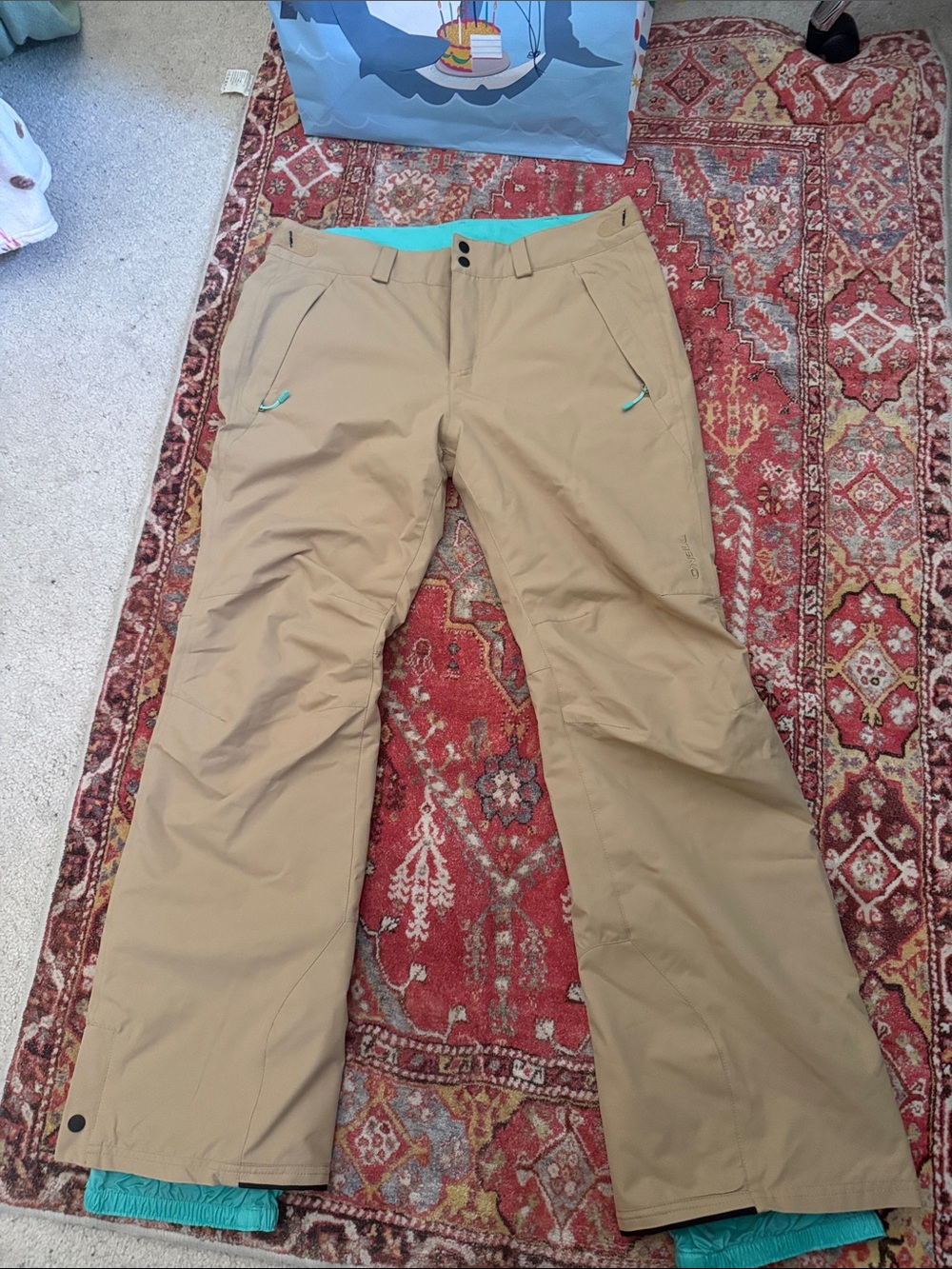 O'Neill Tan Wide-Leg Snow Pants with Aqua Accents